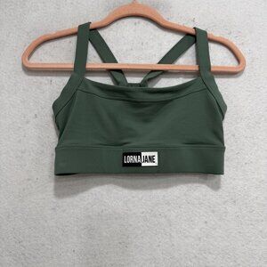 Lorna Jane Sports Bra Womens Small Green Strappy Back Athletic Yoga Top Logo